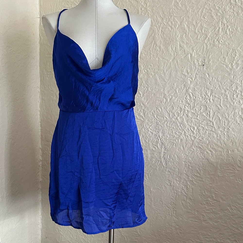 Lucy in the Sky Cobalt Blue Plunge Strappy Back Mini Dress Medium Homecoming